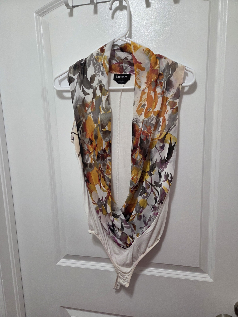 bebe Floral Infinity Scarf Bodysuit - White with Yellow, Gray & Purple Floral